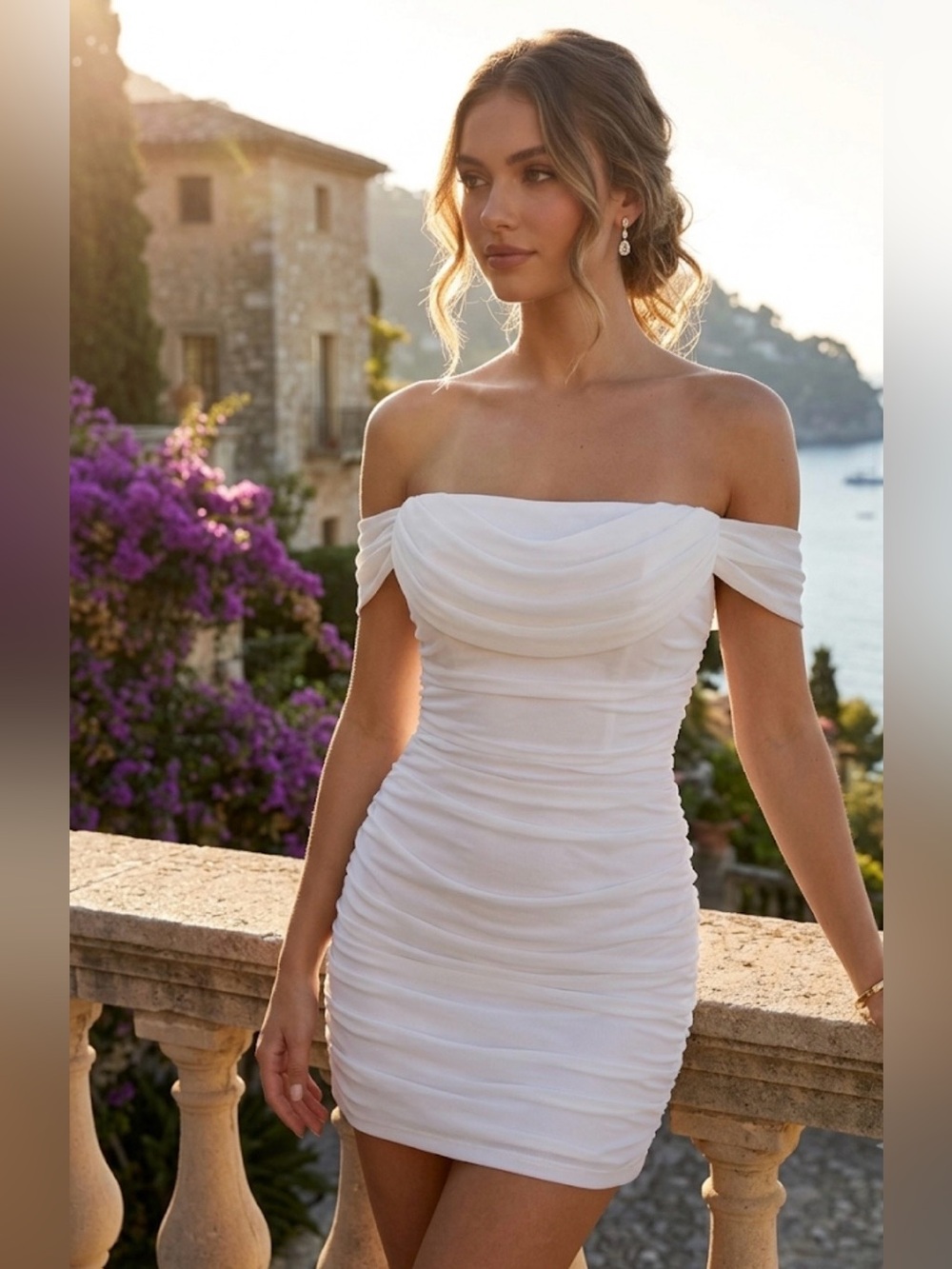 NWT PRETTYGARDEN White Ruched Off-Shoulder Bodycon Mini Dress - Size Small